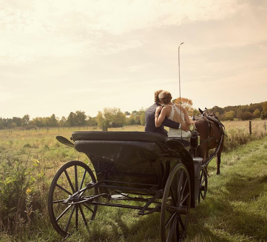 Newlywed couple enjoying a romantic horse-drawn carriage ride provided by Cavanaugh Carriages