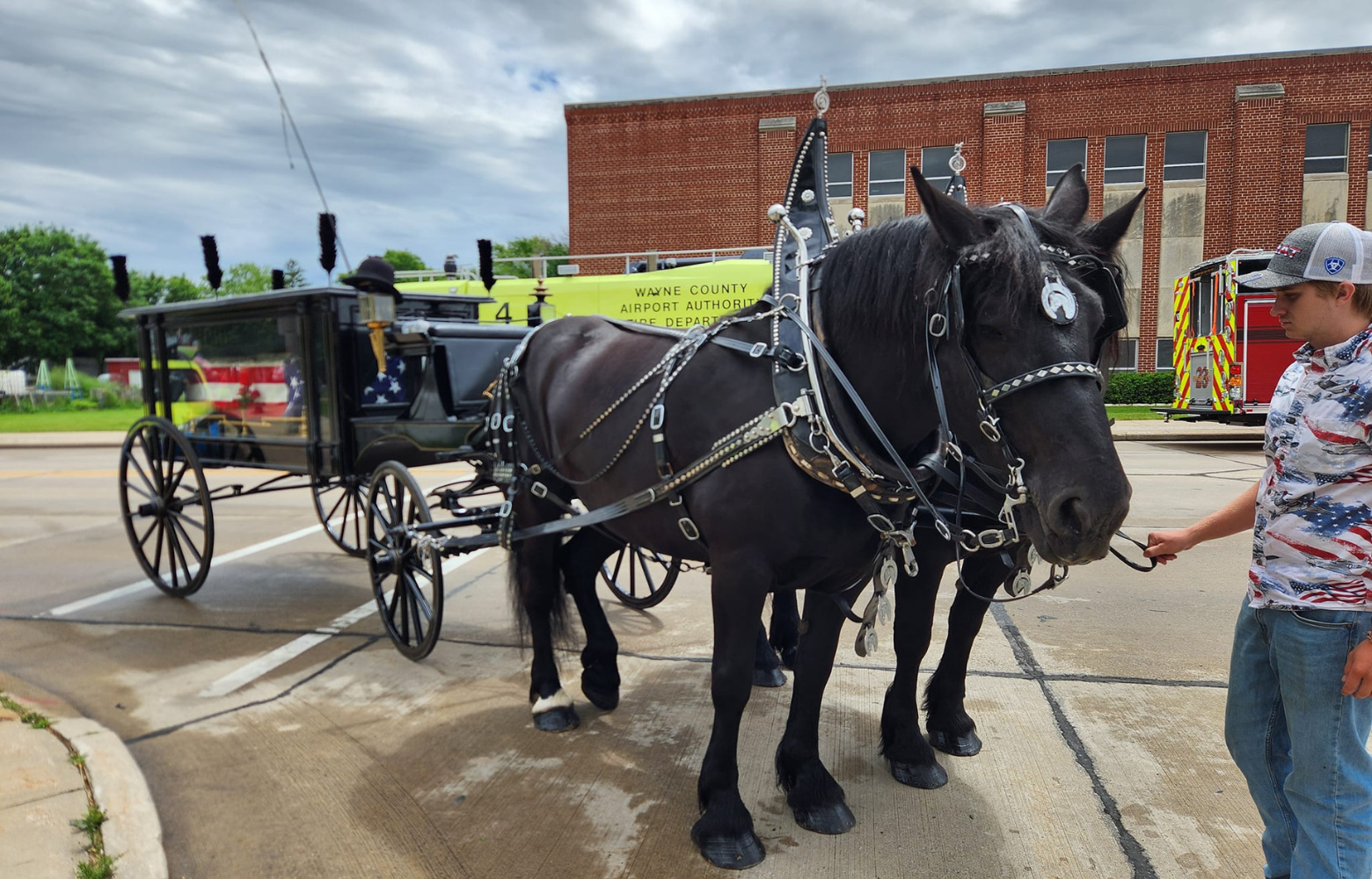 Beautifully crafted horse-drawn hearse standing still, showcasing its elegant design and timeless craftsmanship.