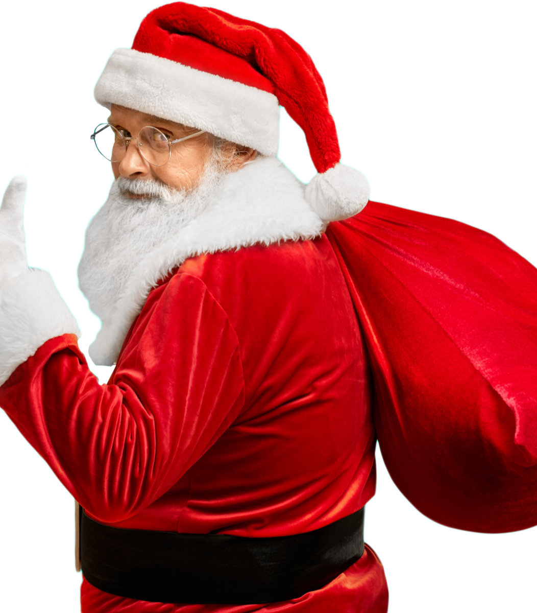 Santa Claus holding a red bag with a cheerful smile, adding festive holiday charm